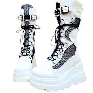 White Black Mesh D Rings Zipper Tall Platform Combat Boots NEW